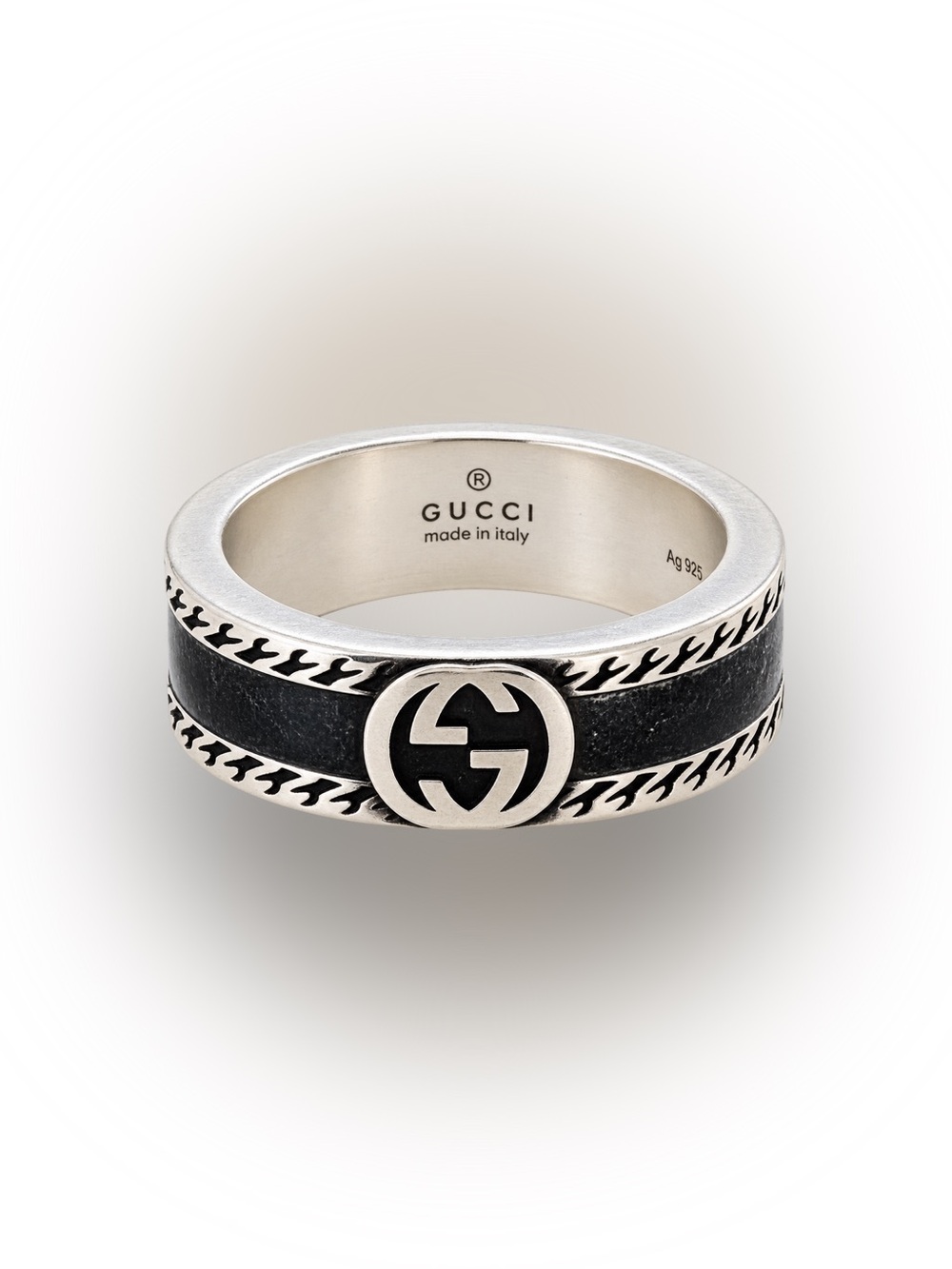 Gucci Interlocking G Black Enamel 925 Sterling Silver Ring 6mm IT 18 / US 8.25